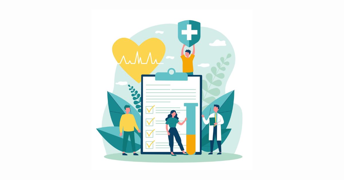 Graphic of patients and doctor in front of large clipboard