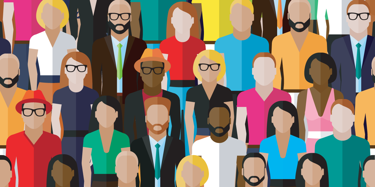 Illustration with a large group of diverse men and women in business attire